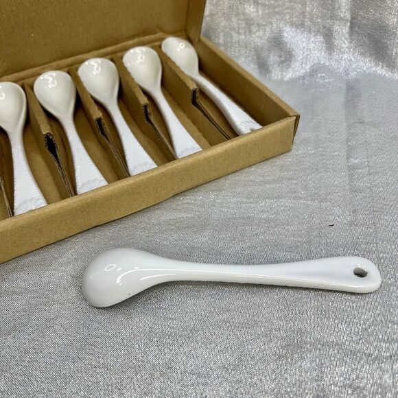 WHITE CERAMIC Porcelain Condiment or Coffee Serving Spoons with box set of 6 - Picture 3 of 4